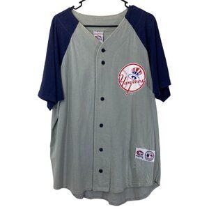 New York Yankees True Fan Baseball Jersey Large Gray & Navy Button-Up Cotton Ble
